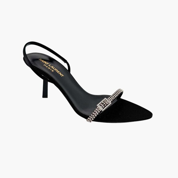 Saint Laurent Rendez Vous 75 Black Crystal Slingback Sandals Heels Size 37 US 7 - Picture 10 of 15